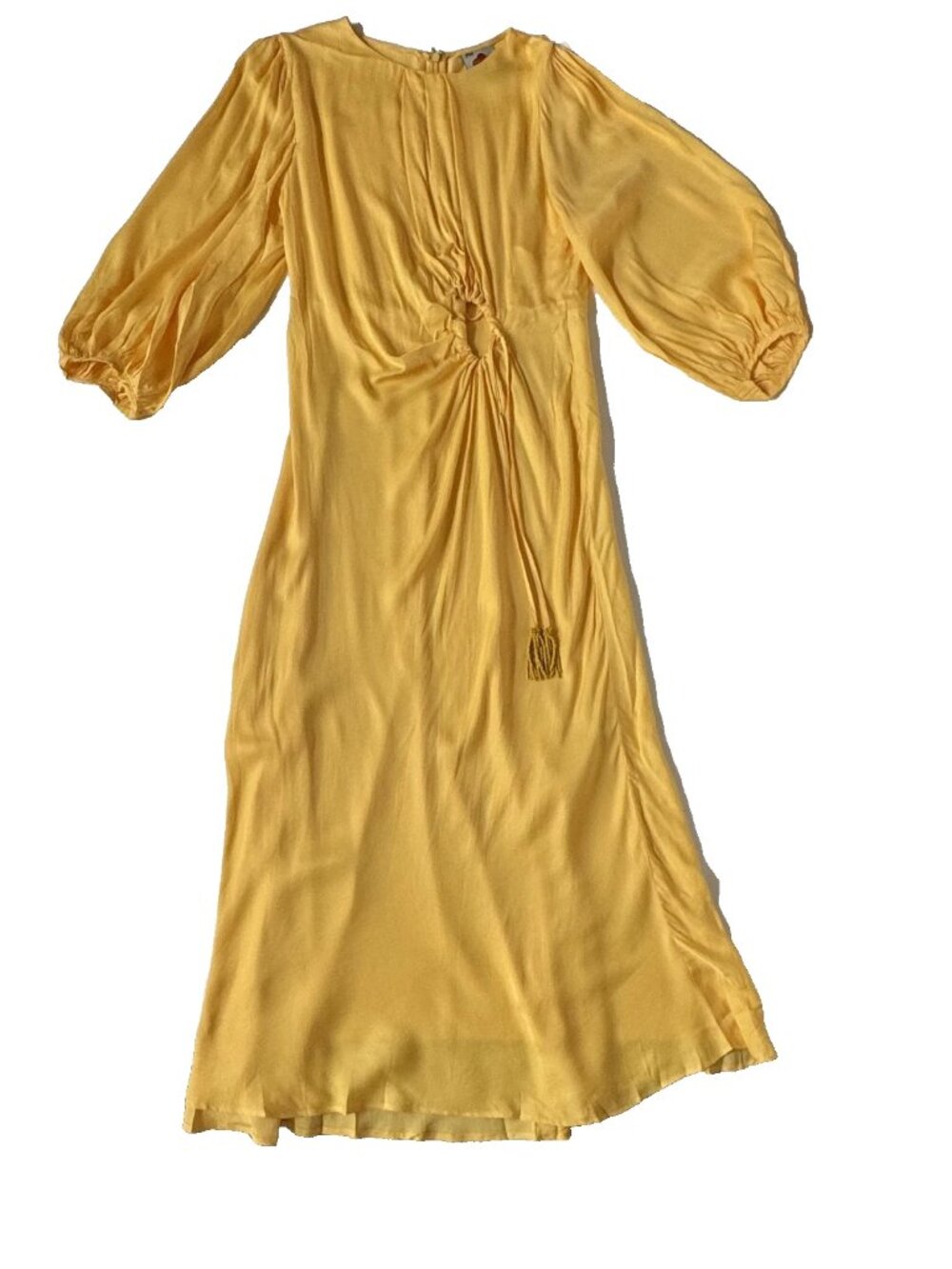 Farm Rio Womens L Piping Midi Dress Yellow Tie Beaded Tassel Cut Out Circle - Picture 2 of 10